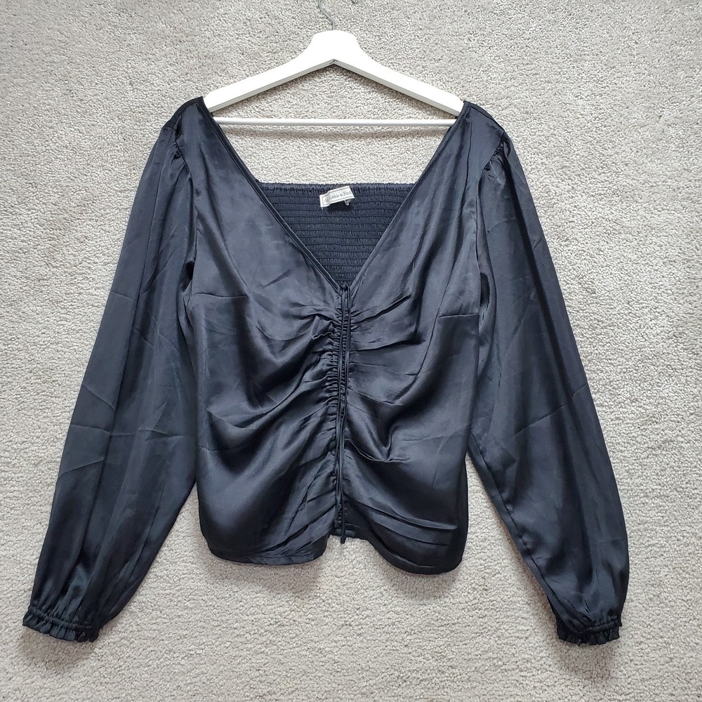 Abercrombie & Fitch Satin Ruched Top Women Large Black Puff Sleeve Smocked Witch